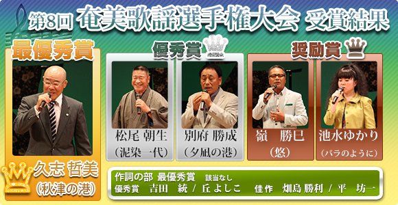 第8回奄美歌謡選手権大会　歌手の部　最優秀賞　久志哲美（秋津の港）優秀賞　松尾朝生（泥染一代）別府勝成（夕凪の港）奨励賞　嶺　勝巳（悠）池水ゆかり（バラのように）
作詞の部　最優秀賞　該当なし　優秀賞　　吉田　統　丘　よしこ　佳　作　畑島勝利　平　坊一